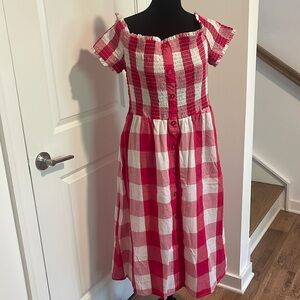 New NY & CO M Midi Dress Red White Gingham Smocked Off the Shoulder Plaid Cotton